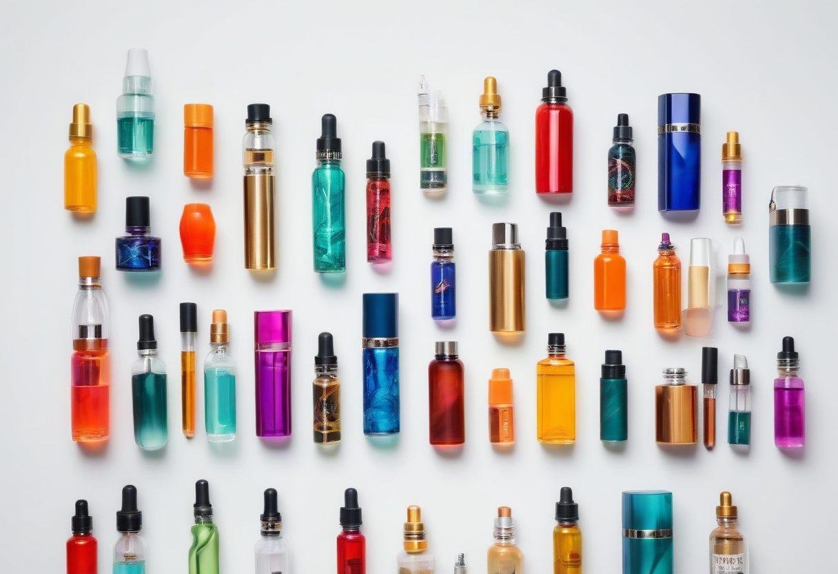 An eye-catching flat lay featuring an array of colorful vape devices, sleek e-liquids in vibrant bottles, and a few stylish cigarettes, surrounded by clouds of vapor and smoke. In the background, a subtle graph illustrating rising vaping trends and statistics adds an informational touch. The overall atmosphere conveys a modern, trendy lifestyle, inviting the audience to explore their smoking alternatives. super-realistic. vibrant colors. white background.