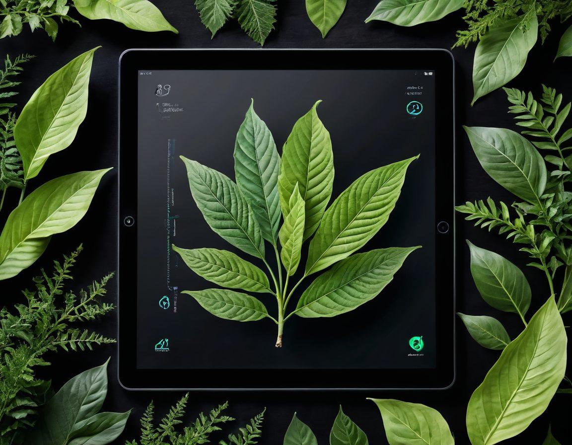 A visually engaging collage featuring a modern tobacco leaf intertwined with vibrant green plants symbolizing natural alternatives, a sleek digital tablet displaying tobacco updates on one side, and a calm, serene setting on the other side representing a smoke-free environment. The overall tone should convey a sense of wellness, awareness, and innovation. super-realistic. vibrant colors. minimalist design.