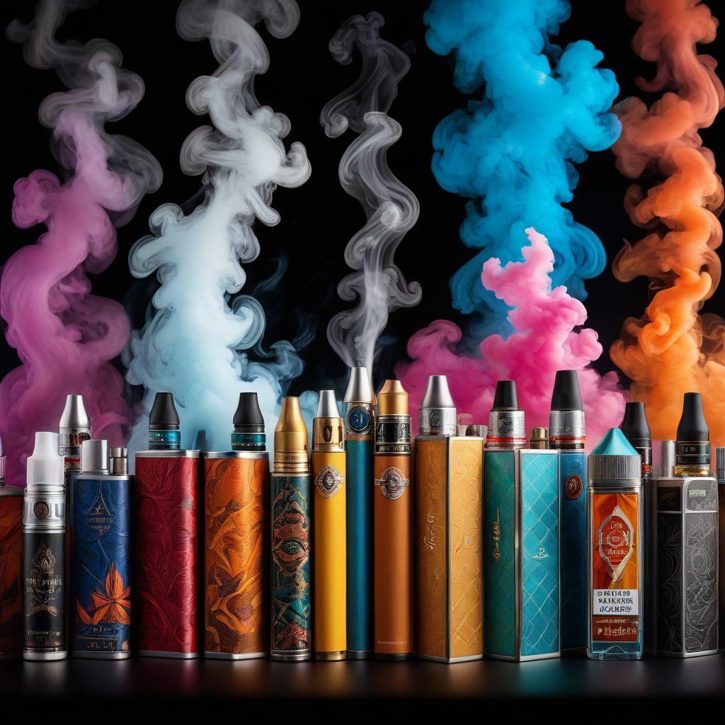 A visually engaging split image showcasing a close-up of various cigarette brands on one side, with an array of colorful vaping devices and e-liquids on the other. In the center, a stylized compass to symbolize guidance and direction, with smoke and vapor swirling around it. The background is a dynamic blend of dark and light shades to represent contrasting choices. super-realistic. vibrant colors.